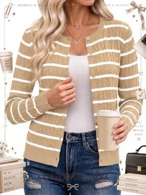 Womens Long Sleeve Striped Cable Knit Cardigan Crewneck Button Down Sweater